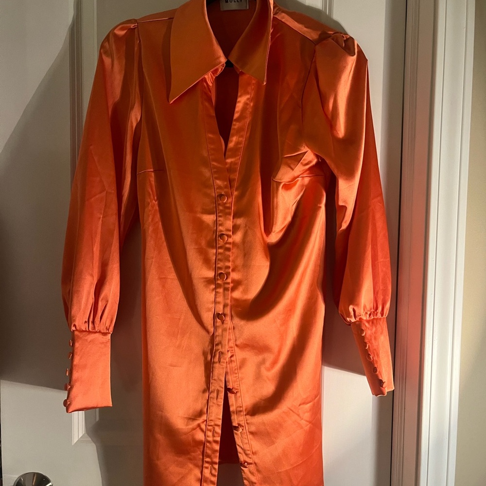 Hello Molly Orange Mini Dress with Long Sleeves and Smooth Satin Fabric